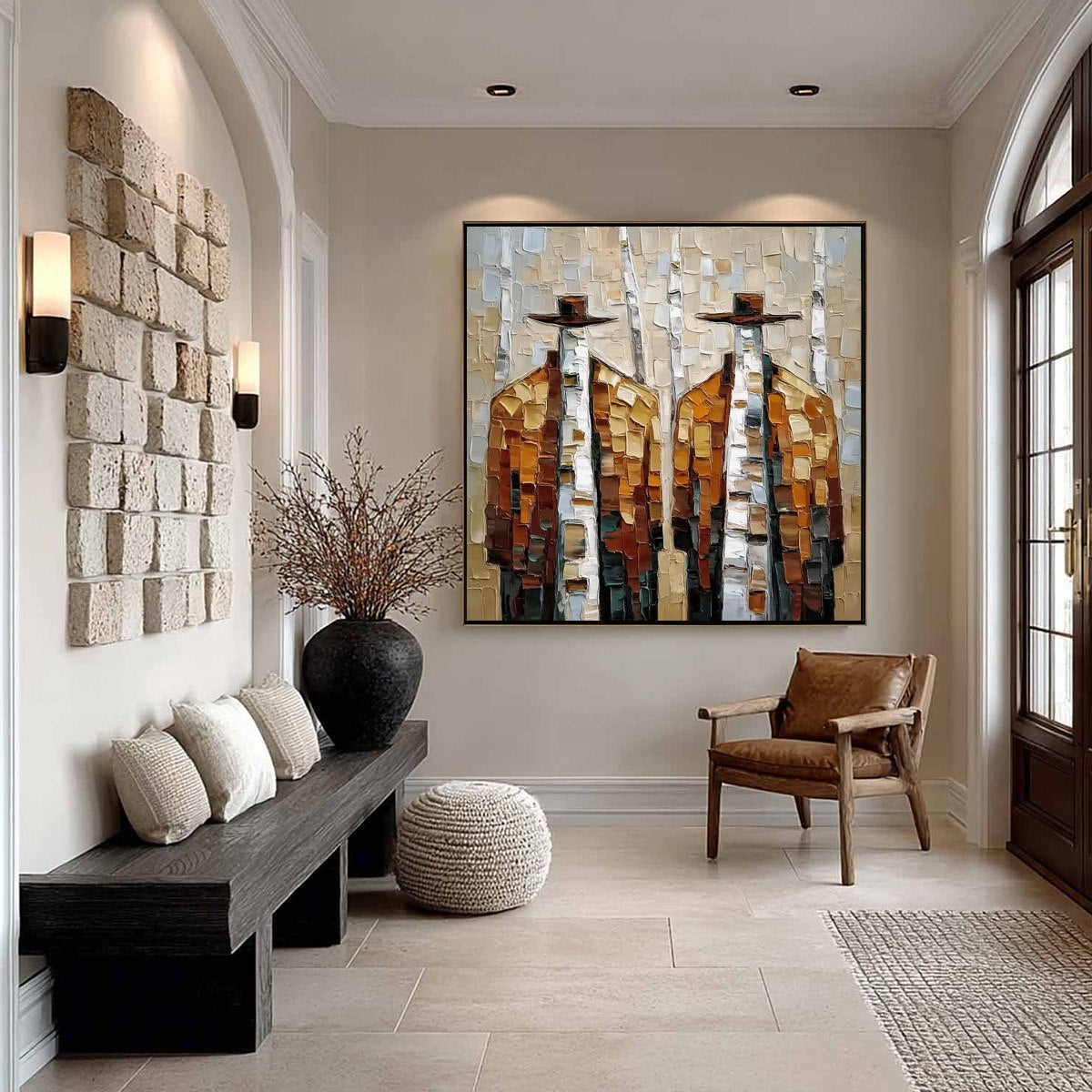 THE COMPANIONS: Textured Impasto Painting of Two Figures in a Forest