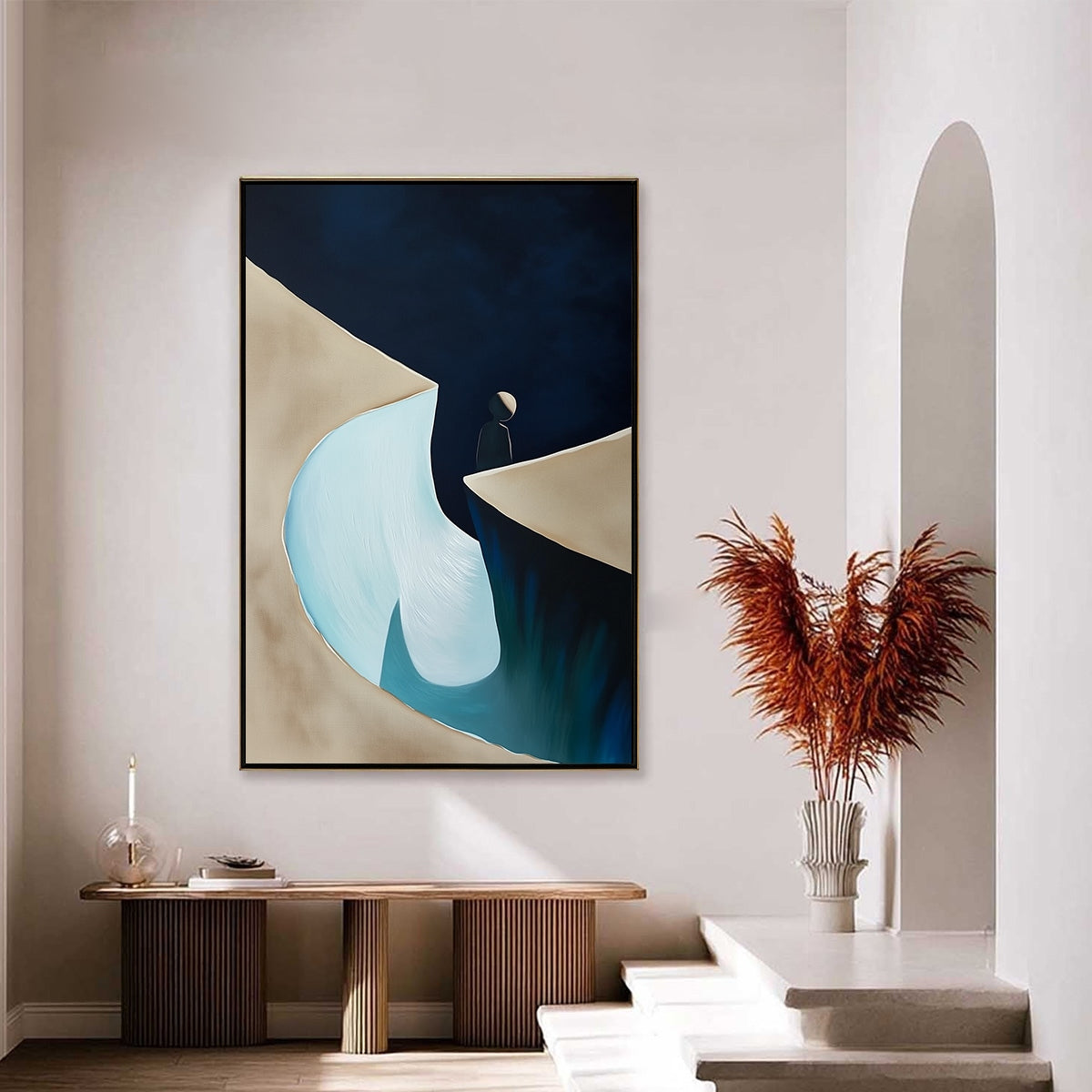 THE CROSSING: Minimalist Abstract Painting of a Figure's Journey