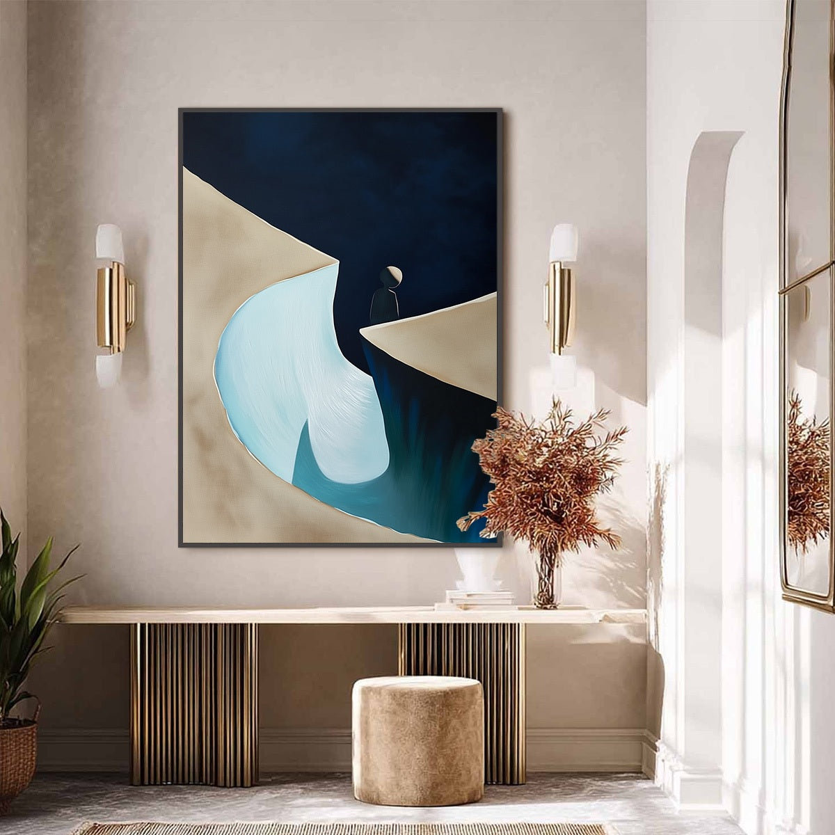 THE CROSSING: Minimalist Abstract Painting of a Figure's Journey