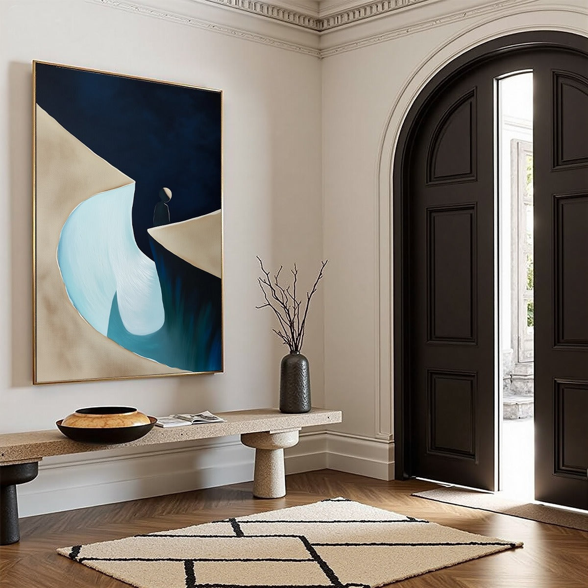 THE CROSSING: Minimalist Abstract Painting of a Figure's Journey