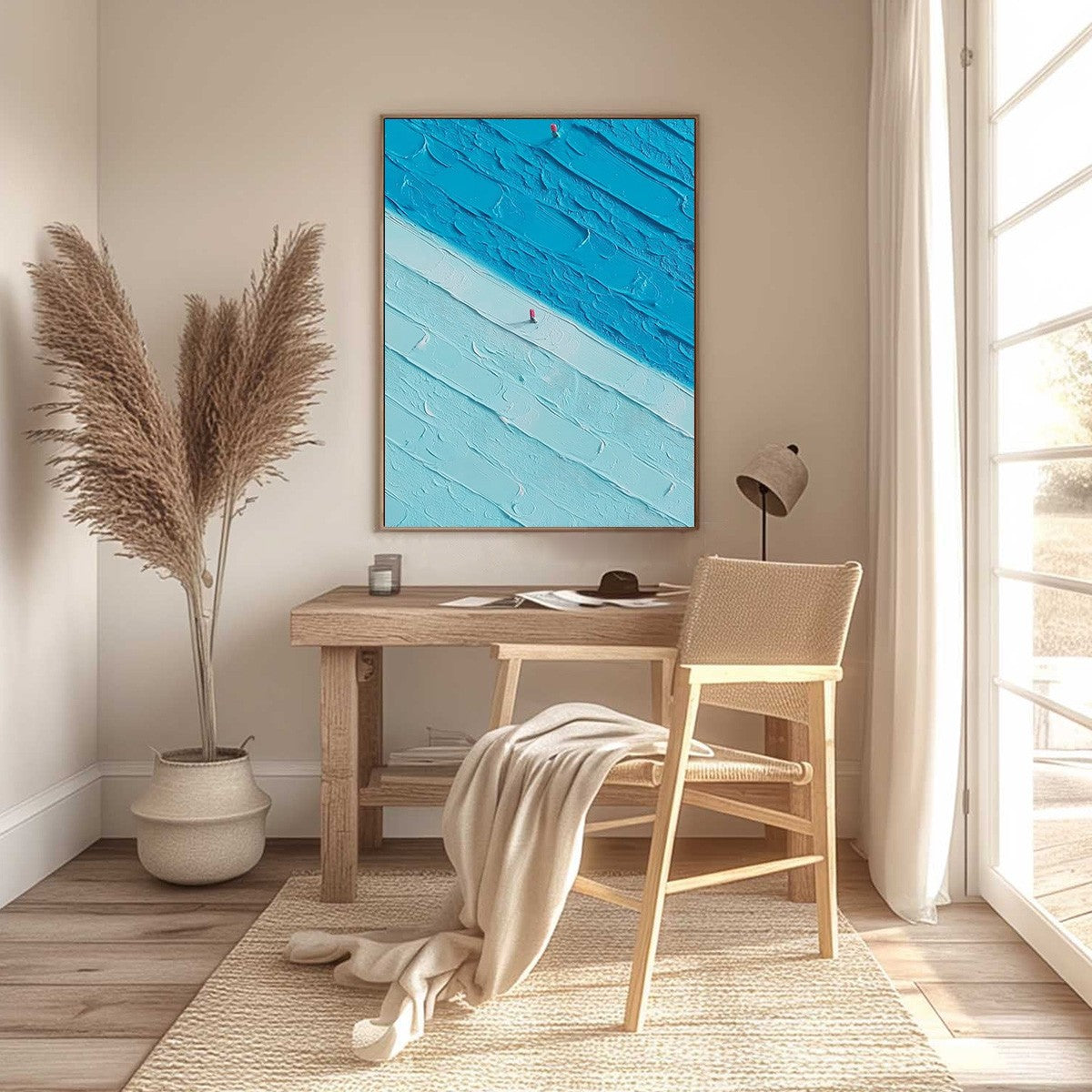 Modern abstract seascape original painting 'The Crossing' with lone red figure.