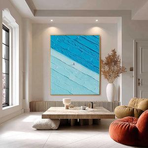 Textured abstract seascape painting 'The Crossing' with red figure. Original handmade oil painting, modern wall art.