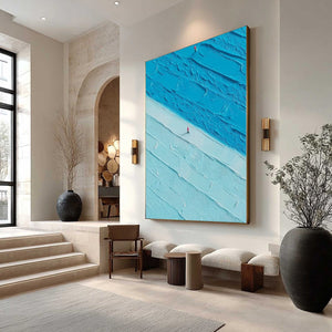 Textured minimalist abstract seascape wall art, 'The Crossing', blue with small red figure.