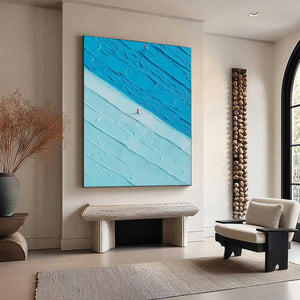 "The Crossing" modern abstract seascape painting with red figures.