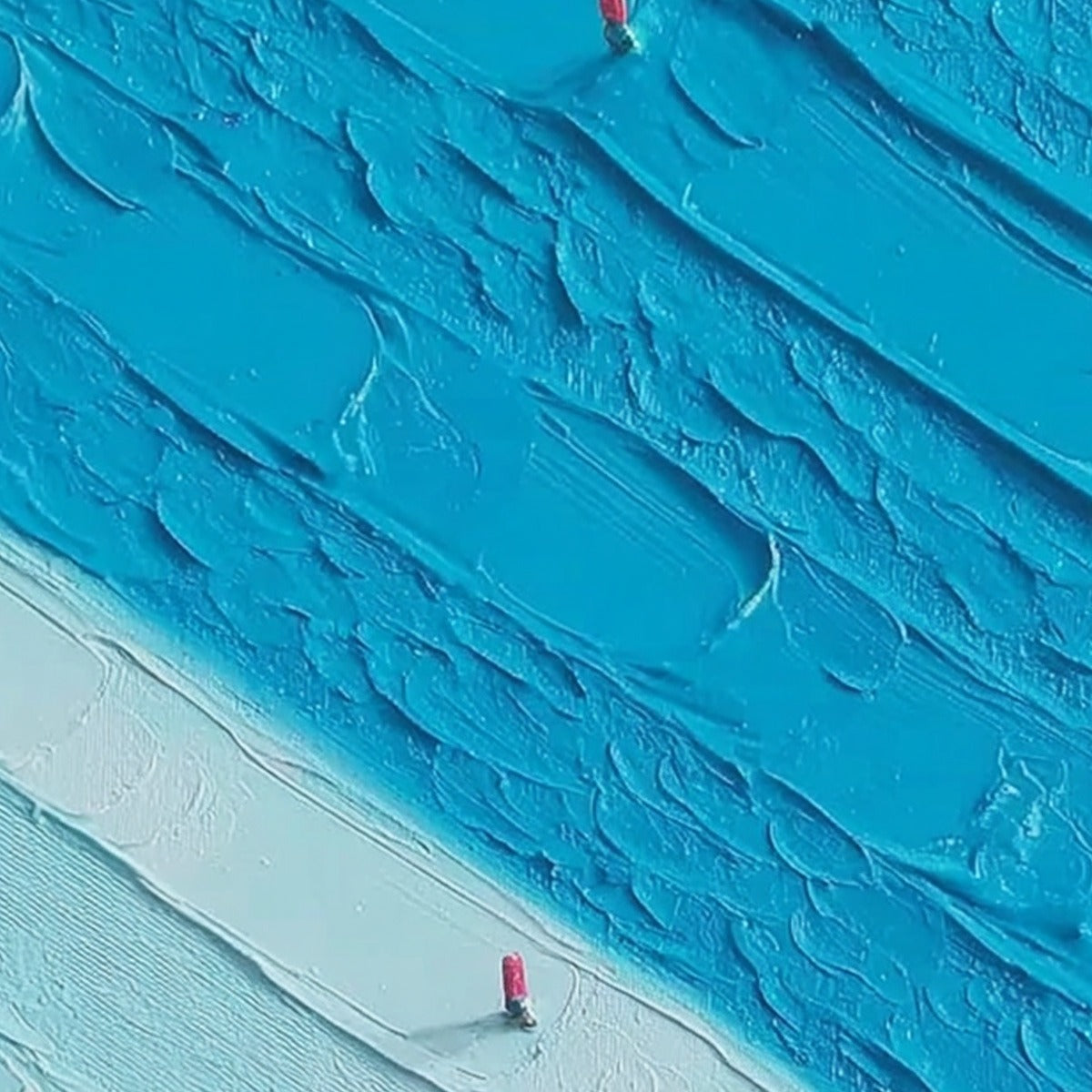 Textured minimalist abstract seascape painting in blue, white, with red accents.