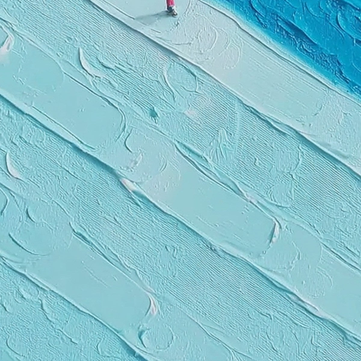 "The Crossing" original textured abstract modern wall art, impasto blues & white with red figure.
