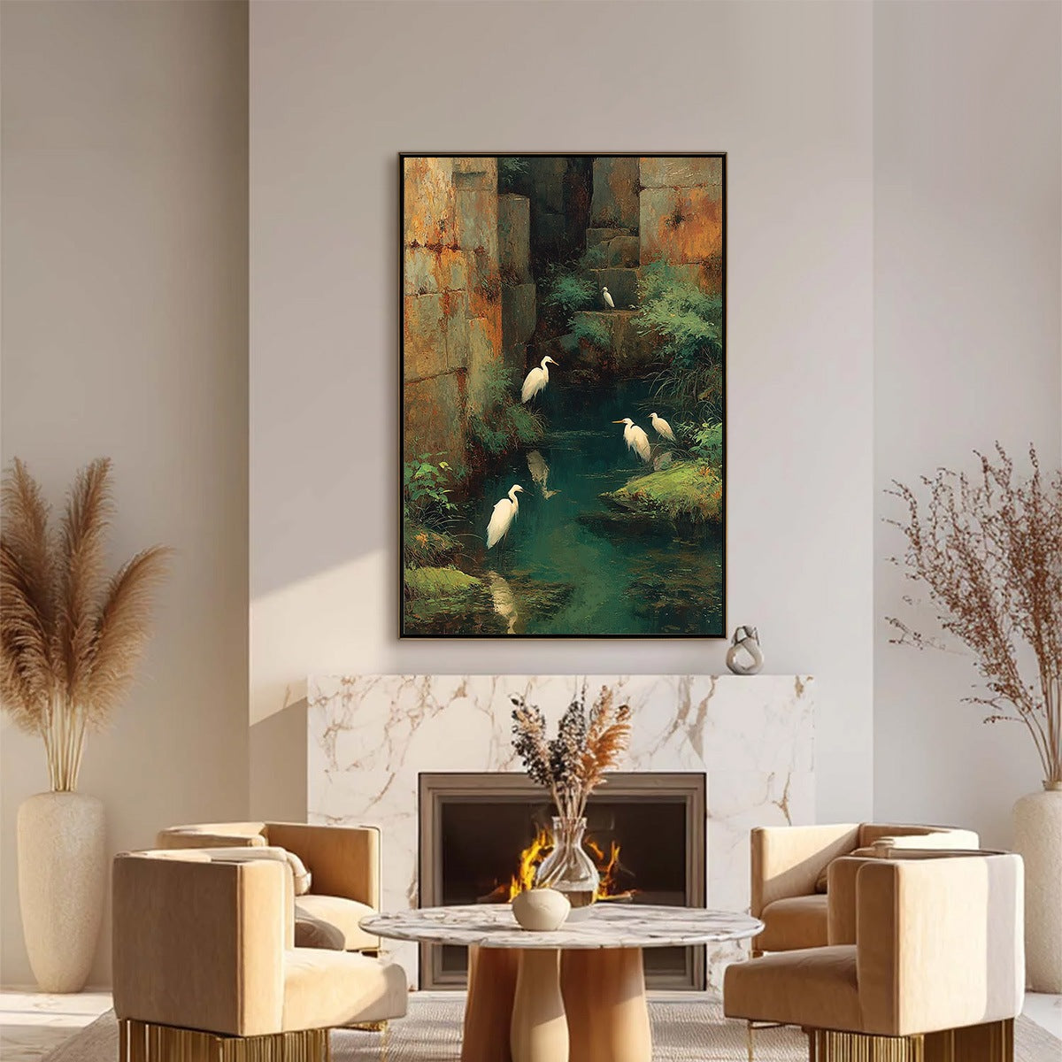 THE FORGOTTEN OASIS: Vertical Egret Painting of Birds in a Serene Natural Sanctuary