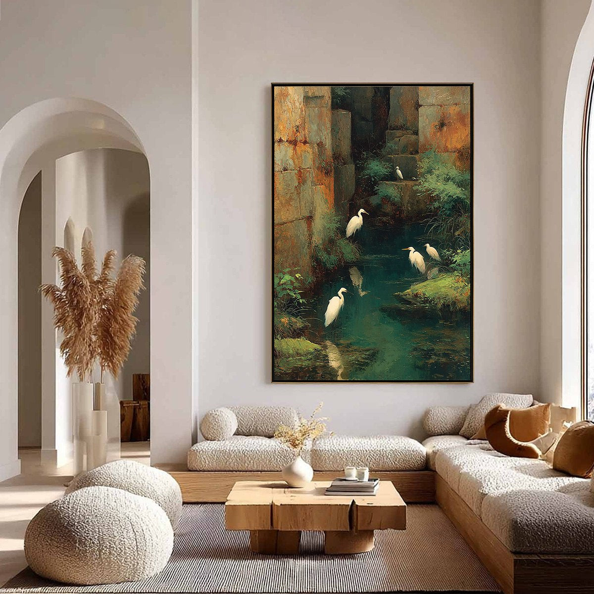THE FORGOTTEN OASIS: Vertical Egret Painting of Birds in a Serene Natural Sanctuary