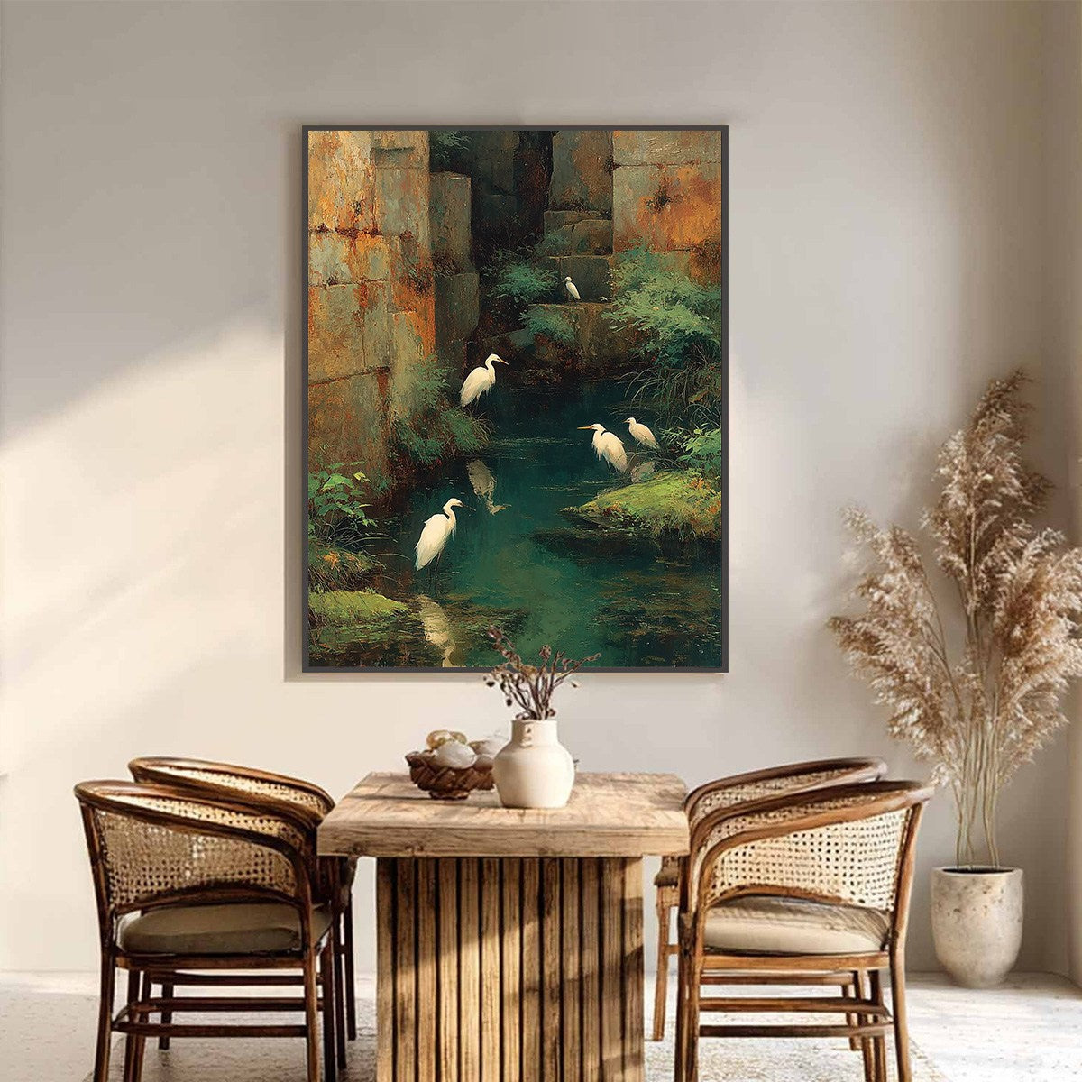 THE FORGOTTEN OASIS: Vertical Egret Painting of Birds in a Serene Natural Sanctuary