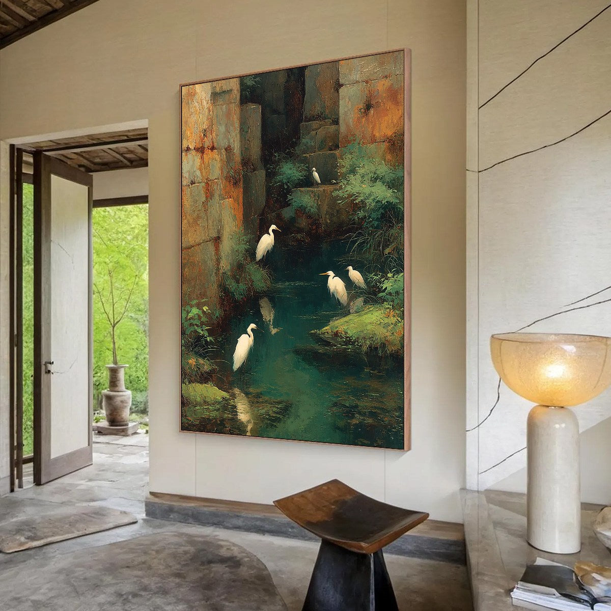 THE FORGOTTEN OASIS: Vertical Egret Painting of Birds in a Serene Natural Sanctuary