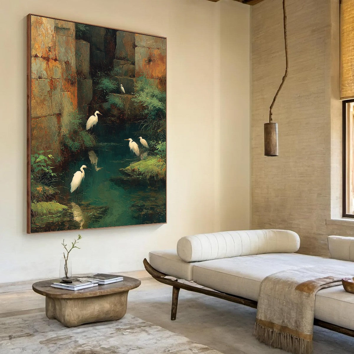 THE FORGOTTEN OASIS: Vertical Egret Painting of Birds in a Serene Natural Sanctuary