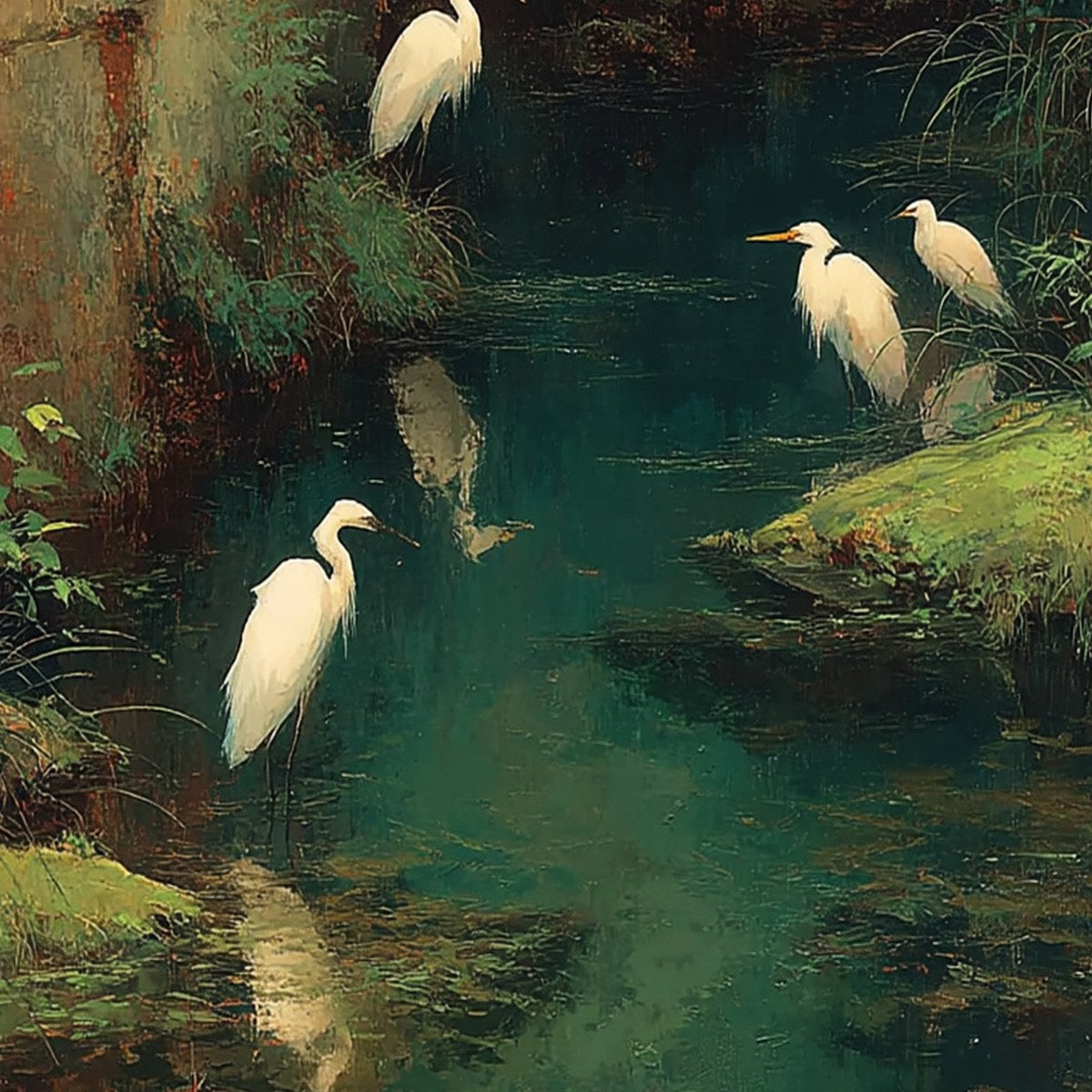 THE FORGOTTEN OASIS: Vertical Egret Painting of Birds in a Serene Natural Sanctuary