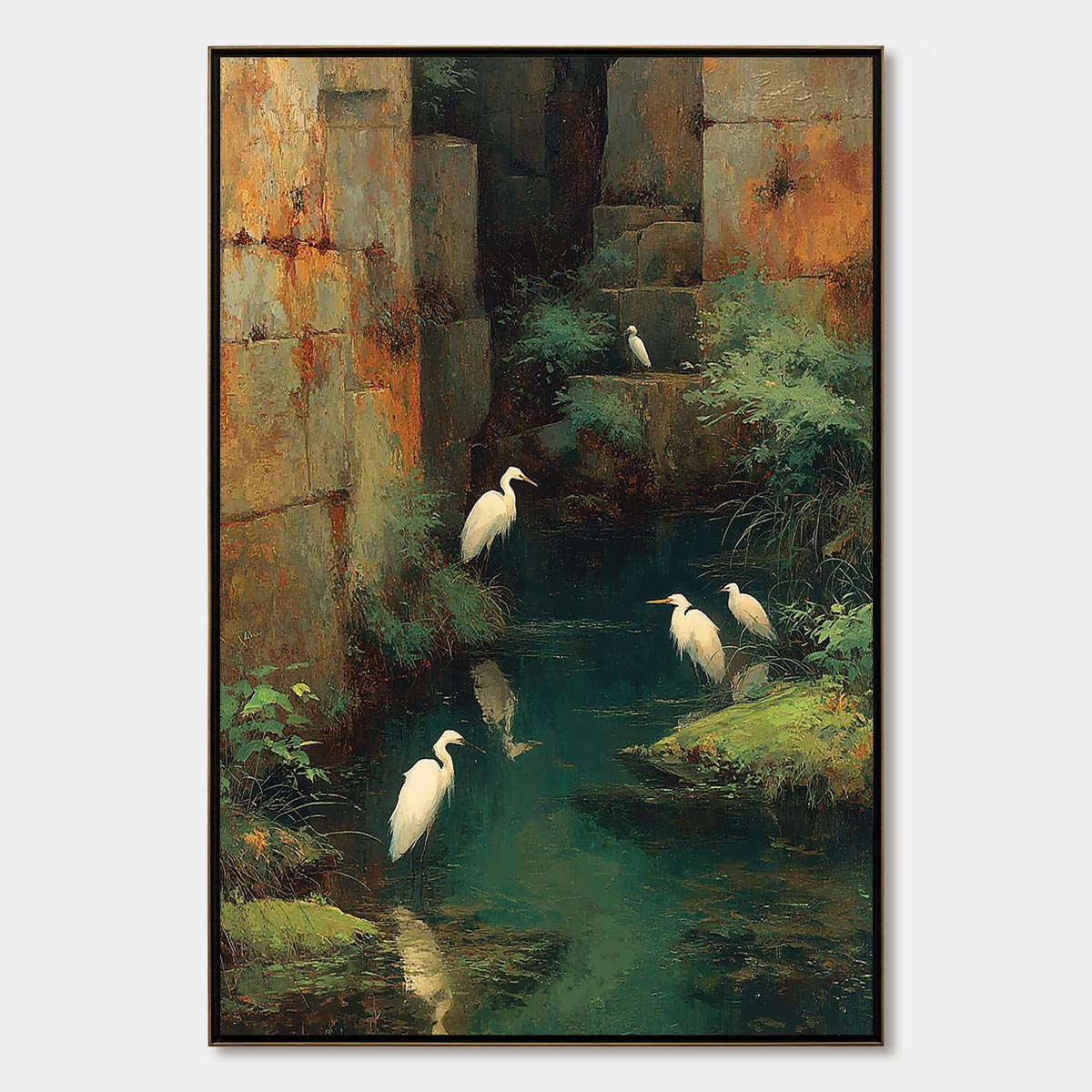 THE FORGOTTEN OASIS: Vertical Egret Painting of Birds in a Serene Natural Sanctuary