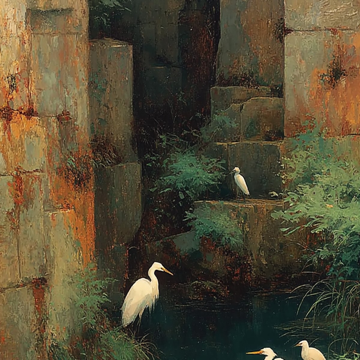 THE FORGOTTEN OASIS: Vertical Egret Painting of Birds in a Serene Natural Sanctuary