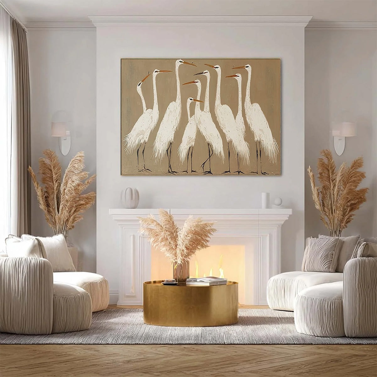 THE GATHERING: Elegant White Egret Flock Animal Oil Painting