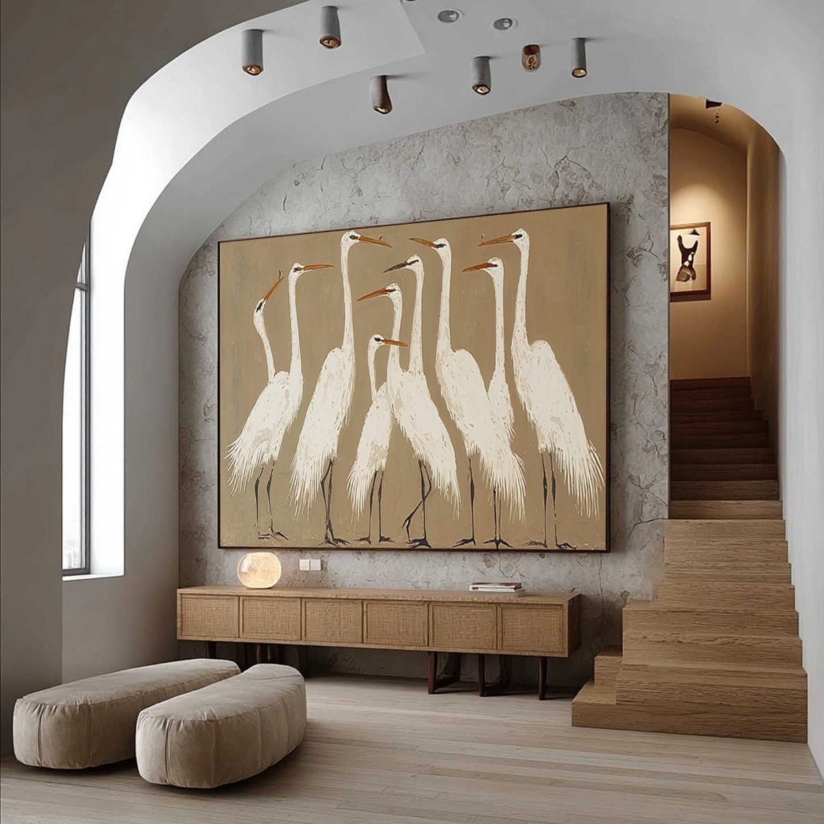 THE GATHERING: Elegant White Egret Flock Animal Oil Painting