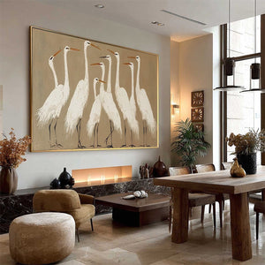 THE GATHERING: Elegant White Egret Flock Animal Oil Painting