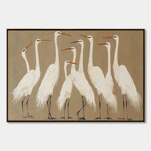 THE GATHERING: Elegant White Egret Flock Animal Oil Painting