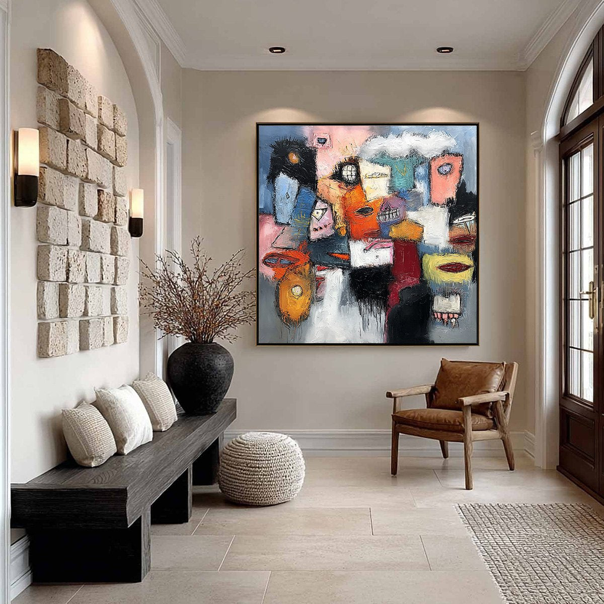 THE GATHERING: Large Colorful Square Abstract Impasto Wall Art