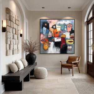 THE GATHERING: Large Colorful Square Abstract Impasto Wall Art