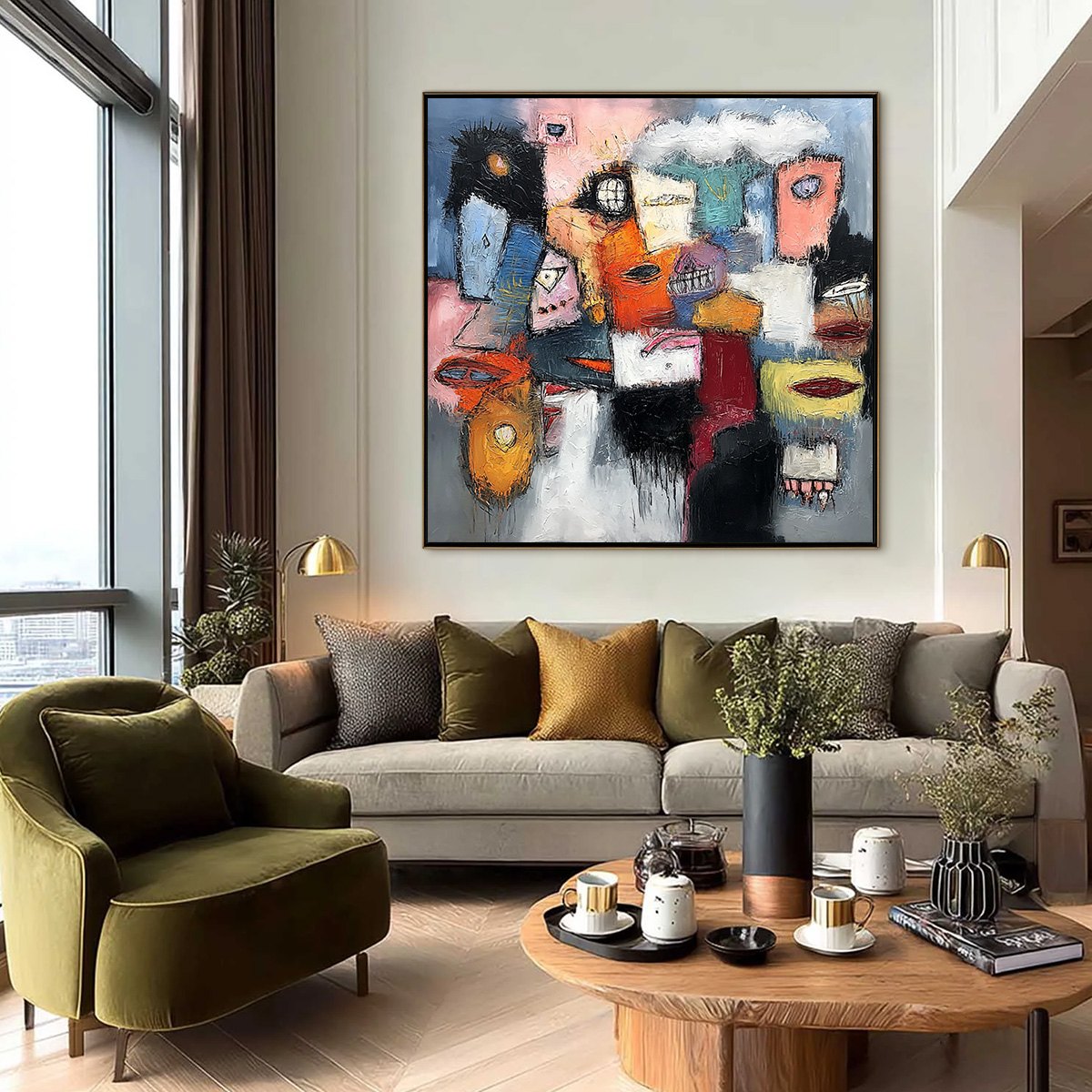 THE GATHERING: Large Colorful Square Abstract Impasto Wall Art