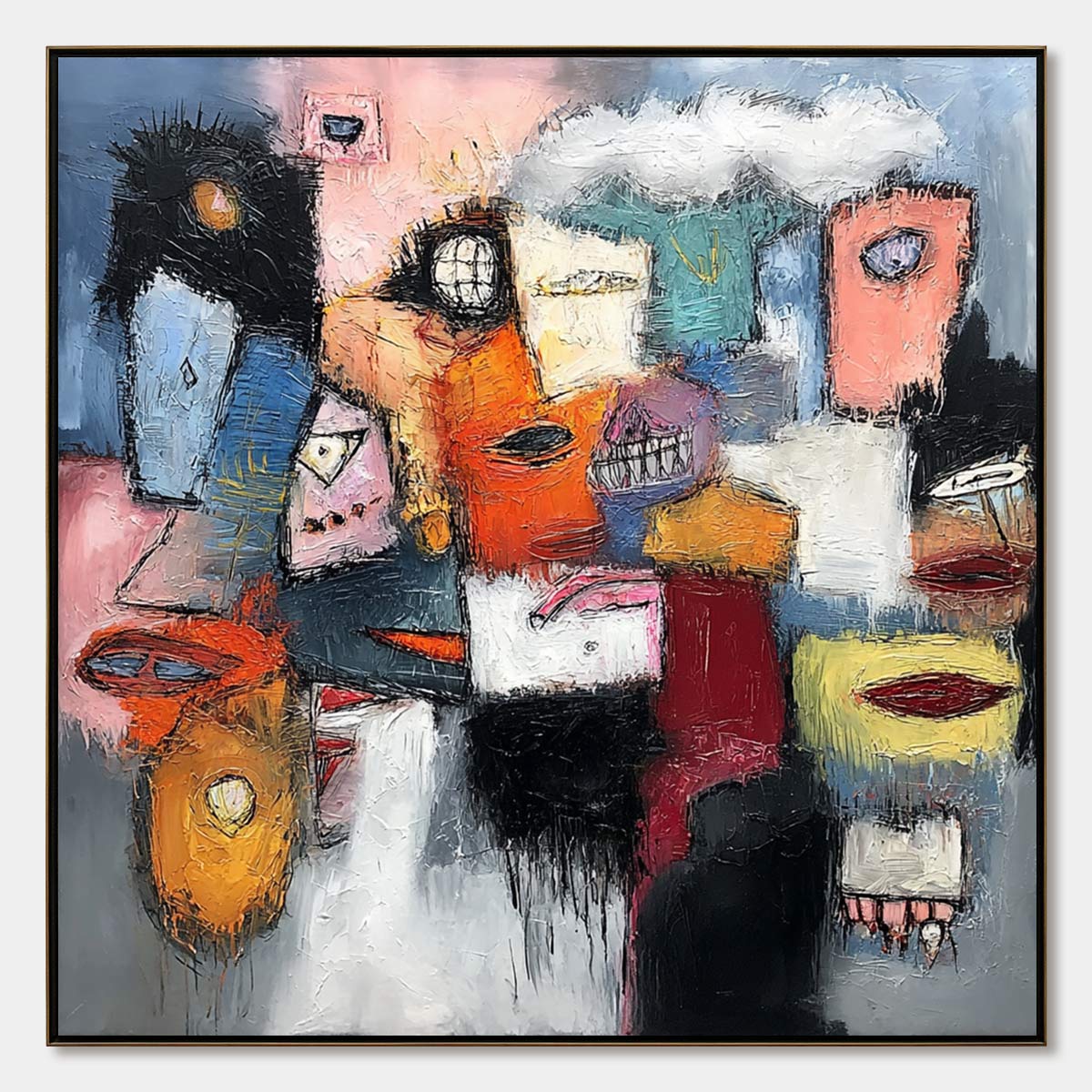 THE GATHERING: Large Colorful Square Abstract Impasto Wall Art