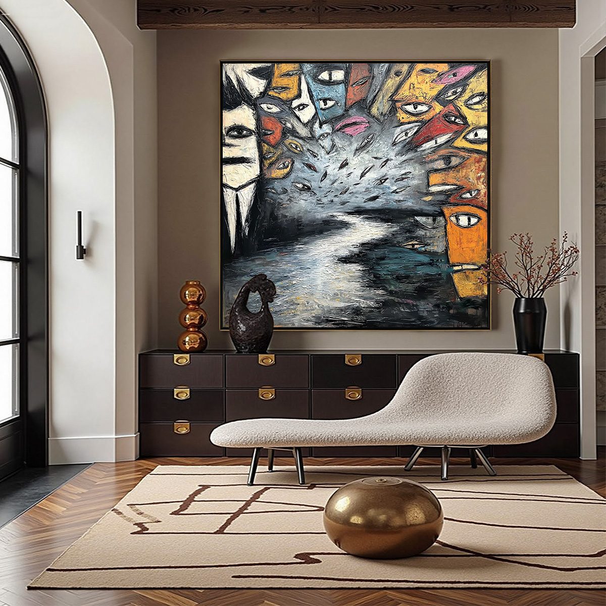 THE GATHERING: Large Square Abstract Figurative Impasto Painting