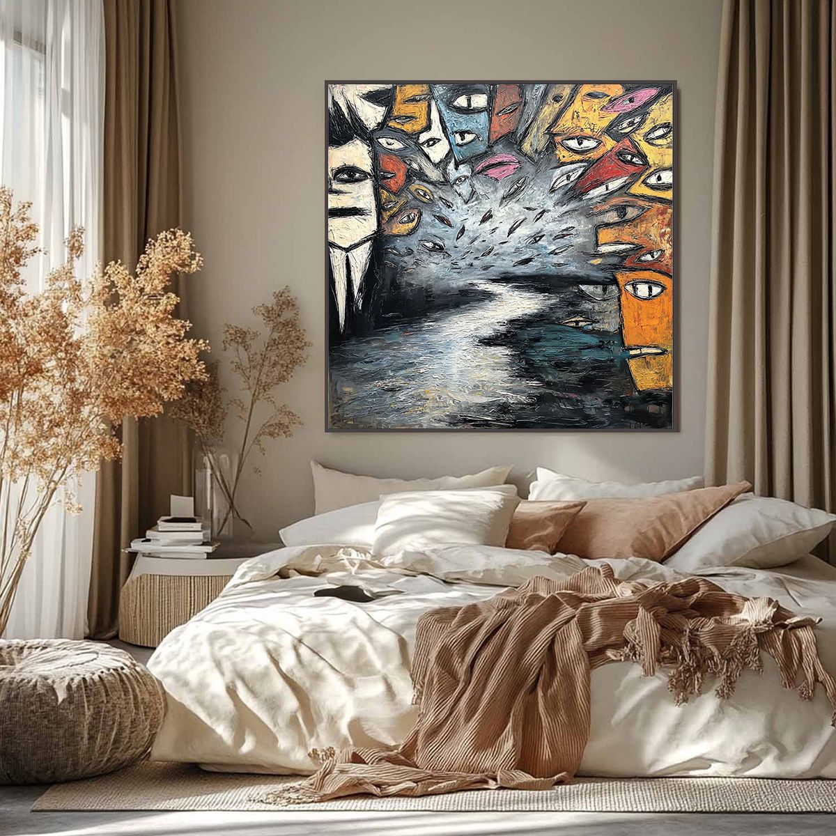 THE GATHERING: Large Square Abstract Figurative Impasto Painting