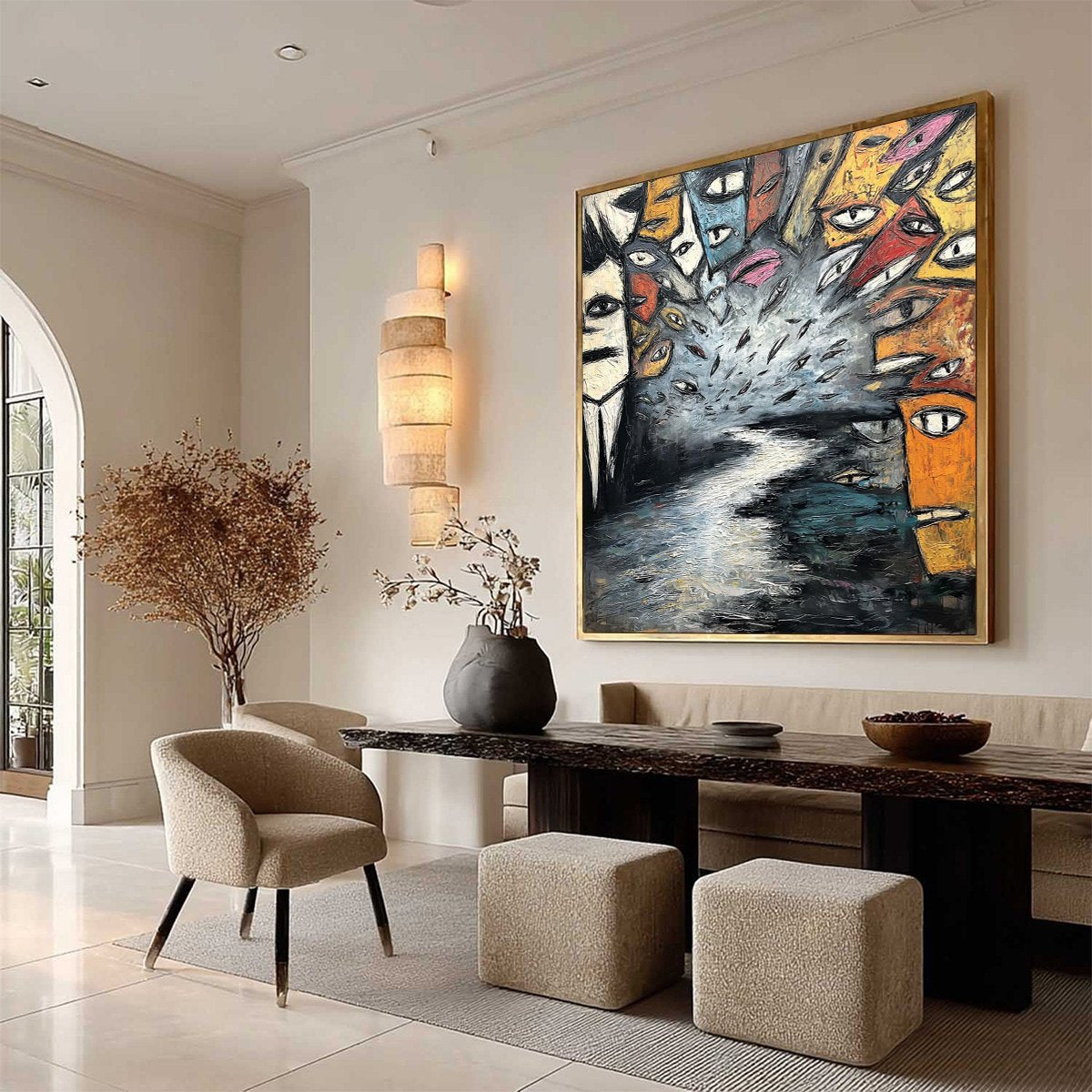 THE GATHERING: Large Square Abstract Figurative Impasto Painting