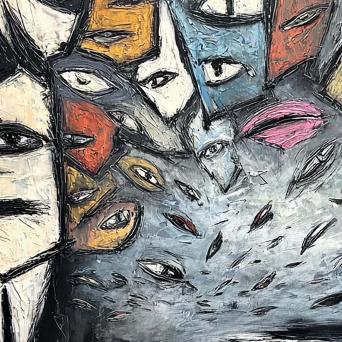 THE GATHERING: Large Square Abstract Figurative Impasto Painting