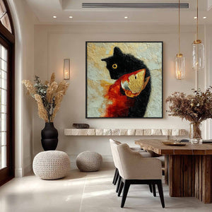 THE GOLDEN CATCH: Textured Impasto Painting of a Cat and Fish