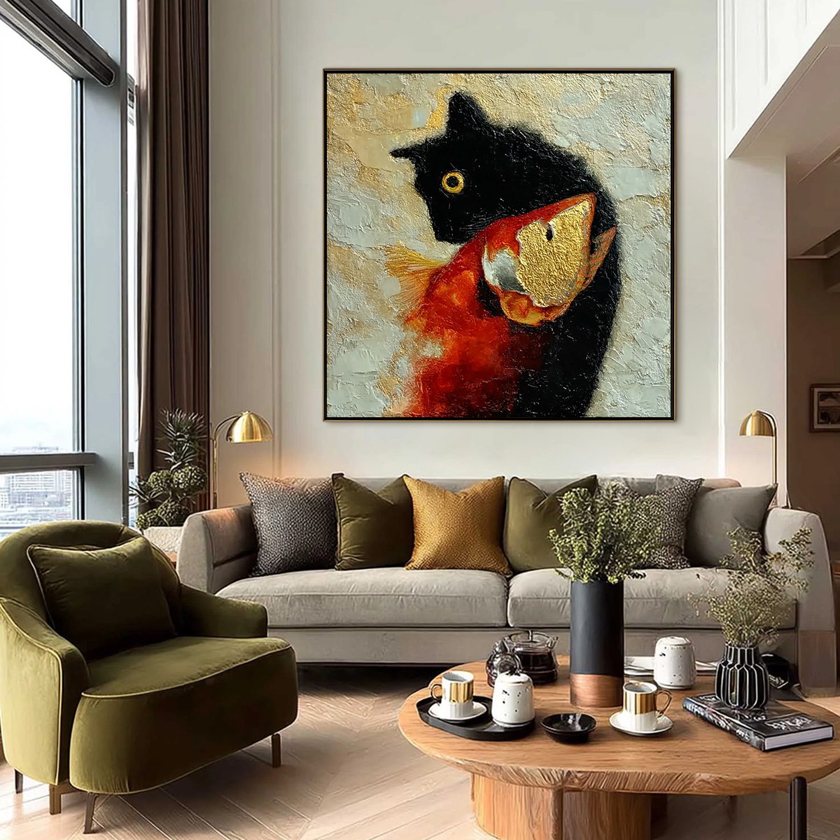 THE GOLDEN CATCH: Textured Impasto Painting of a Cat and Fish
