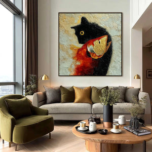 THE GOLDEN CATCH: Textured Impasto Painting of a Cat and Fish