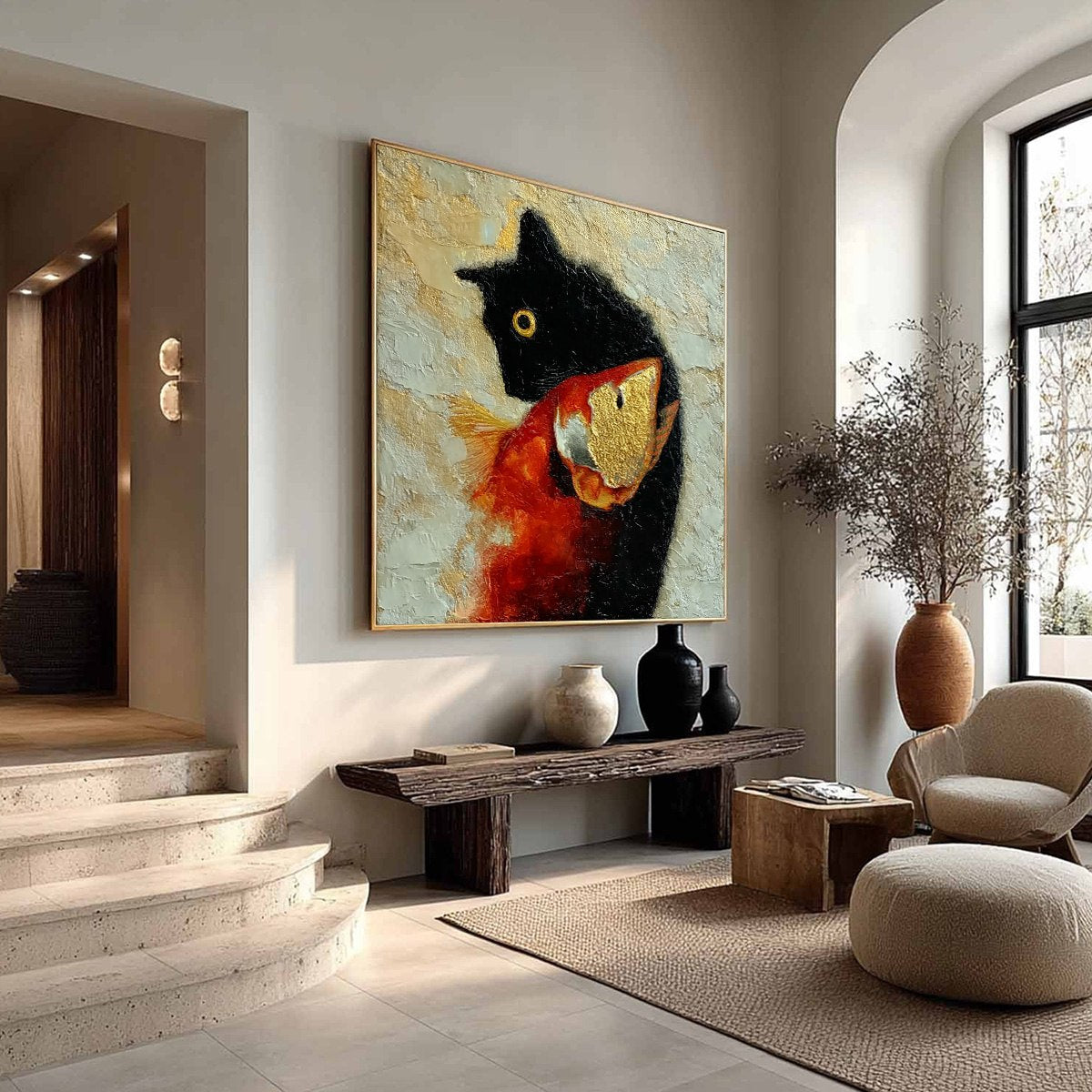 THE GOLDEN CATCH: Textured Impasto Painting of a Cat and Fish