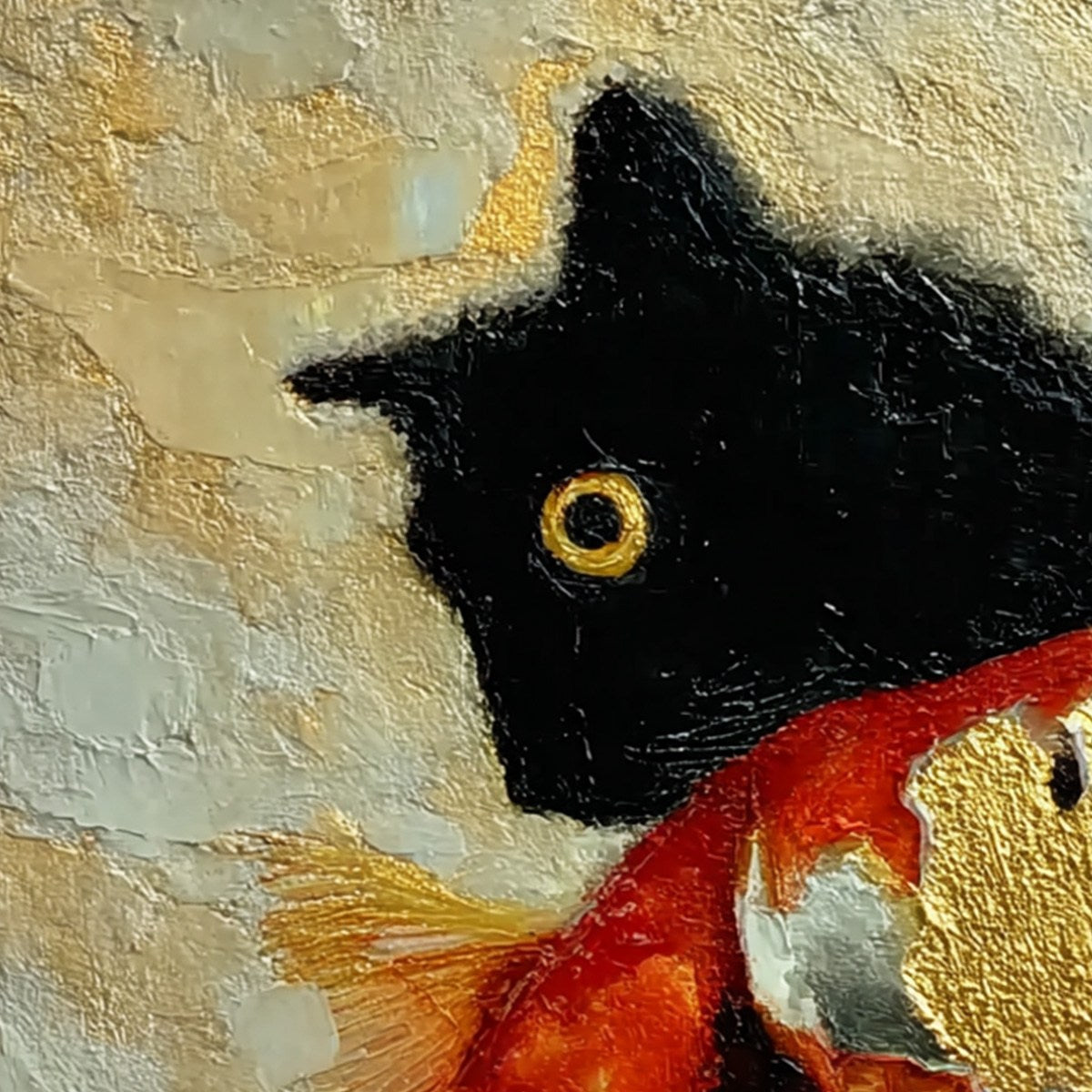 THE GOLDEN CATCH: Textured Impasto Painting of a Cat and Fish