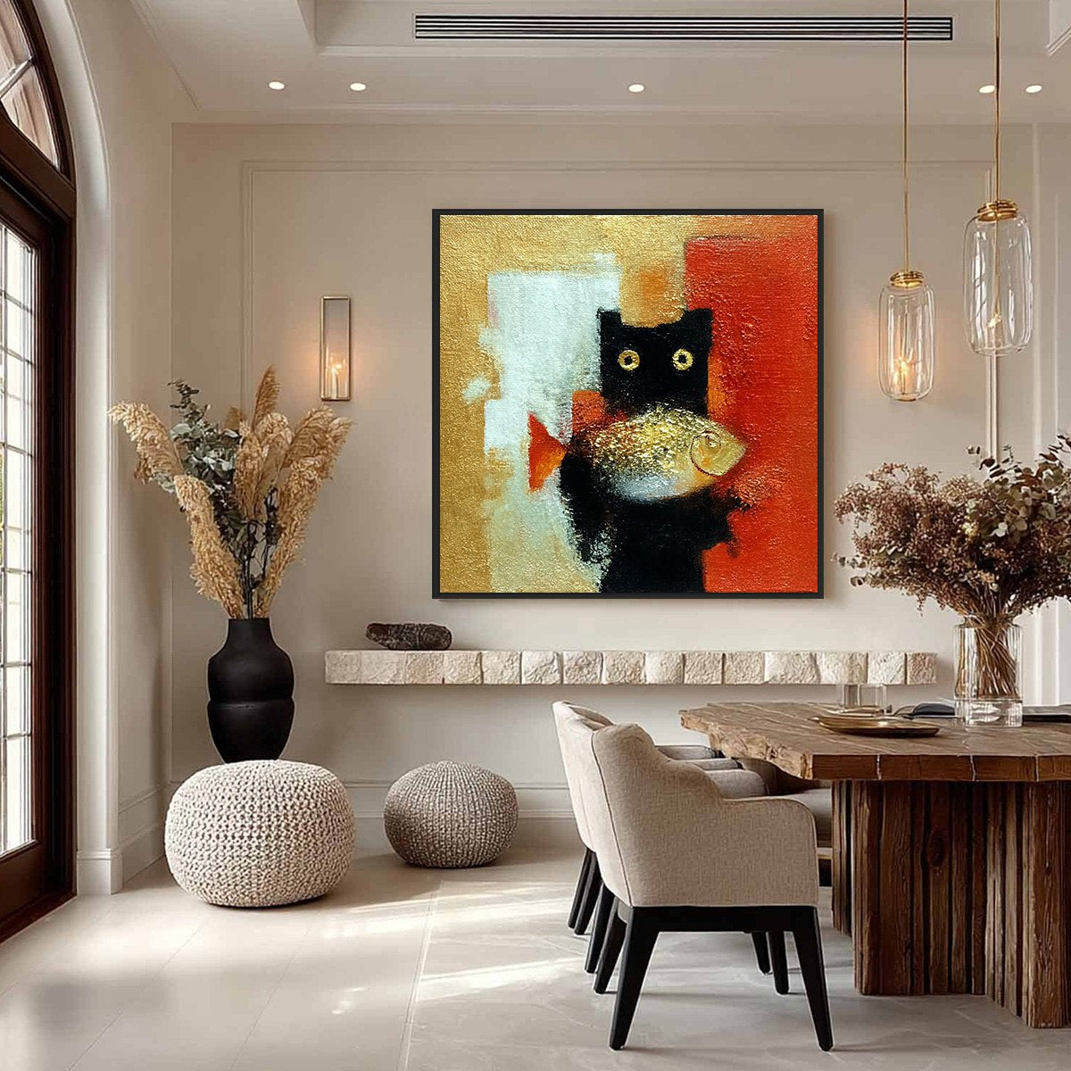 THE GOLDEN CATCH: Whimsical Abstract Black Cat with Golden Fish Painting