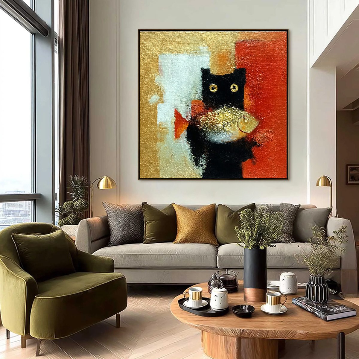 THE GOLDEN CATCH: Whimsical Abstract Black Cat with Golden Fish Painting