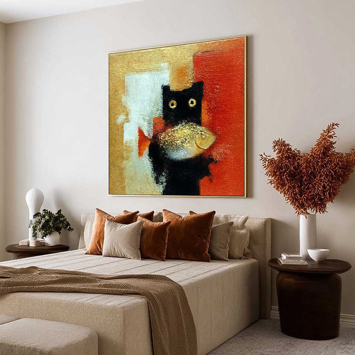 THE GOLDEN CATCH: Whimsical Abstract Black Cat with Golden Fish Painting