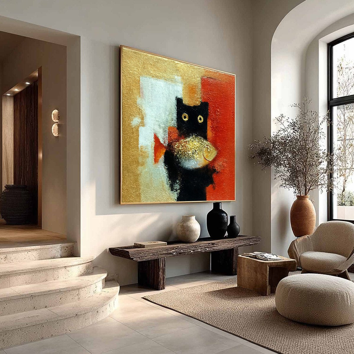 THE GOLDEN CATCH: Whimsical Abstract Black Cat with Golden Fish Painting