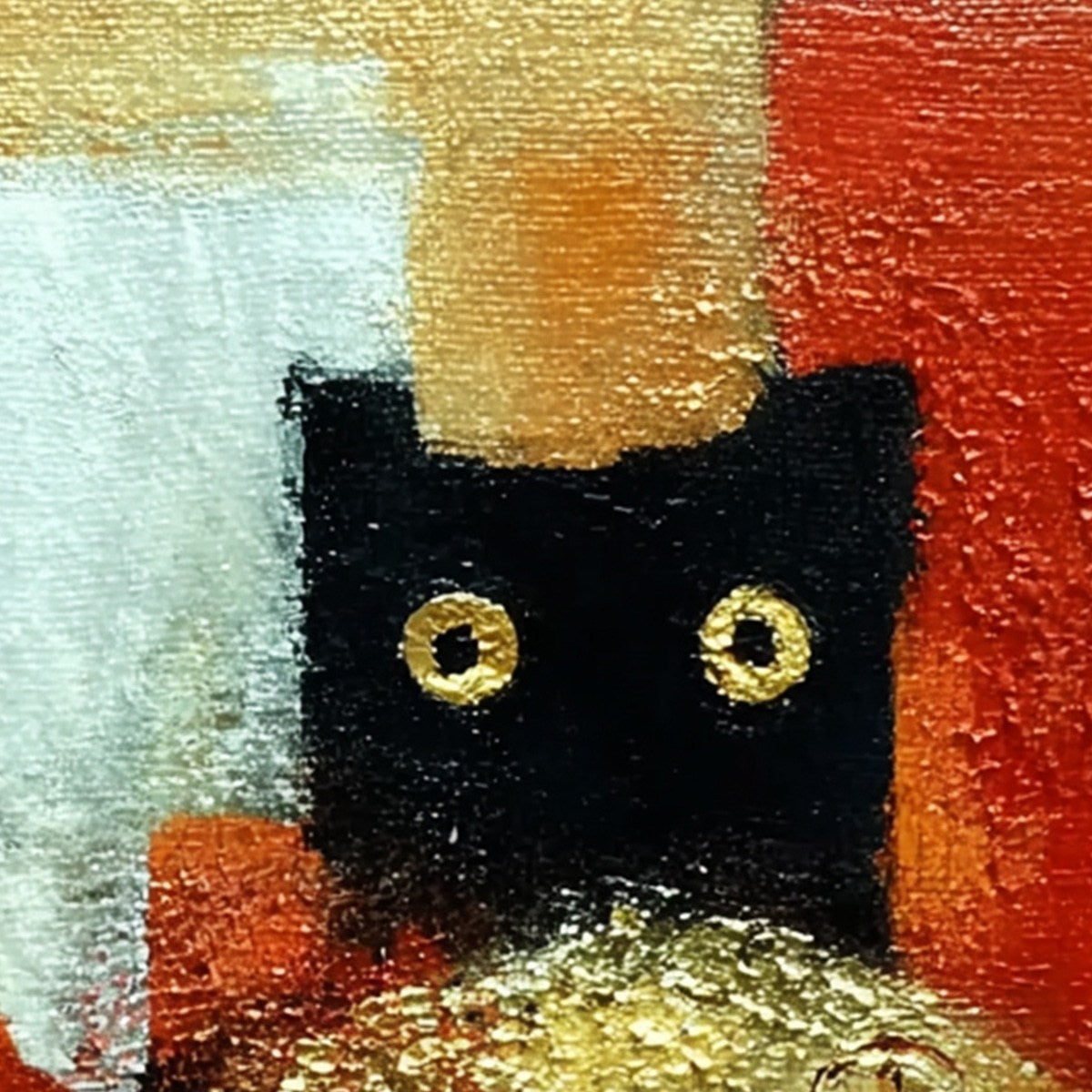 THE GOLDEN CATCH: Whimsical Abstract Black Cat with Golden Fish Painting