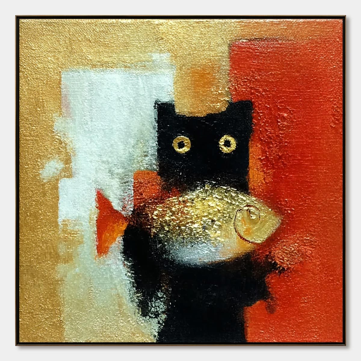 THE GOLDEN CATCH: Whimsical Abstract Black Cat with Golden Fish Painting