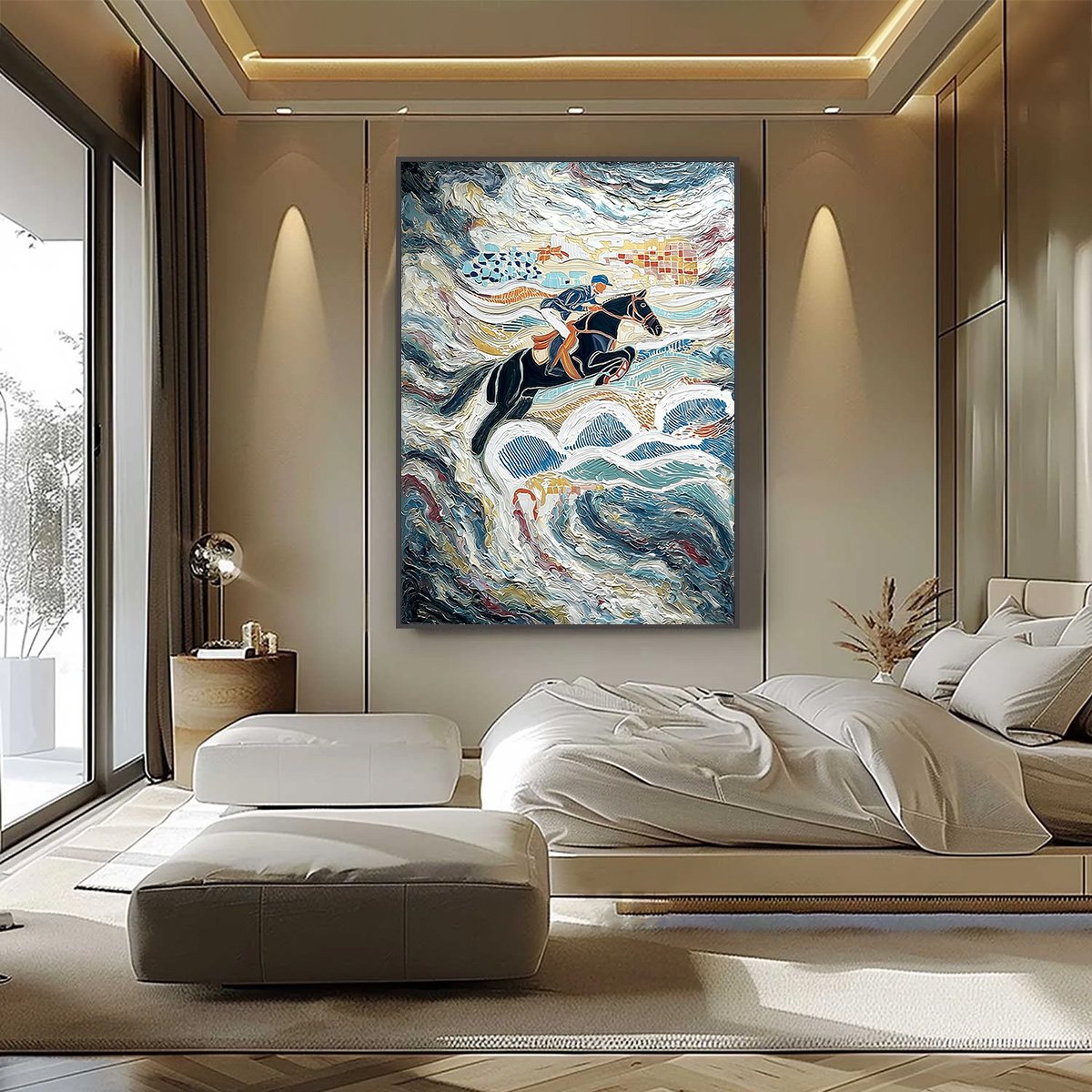 THE GRAND LEAP: Textured Equestrian Sports Painting with Dynamic Motion