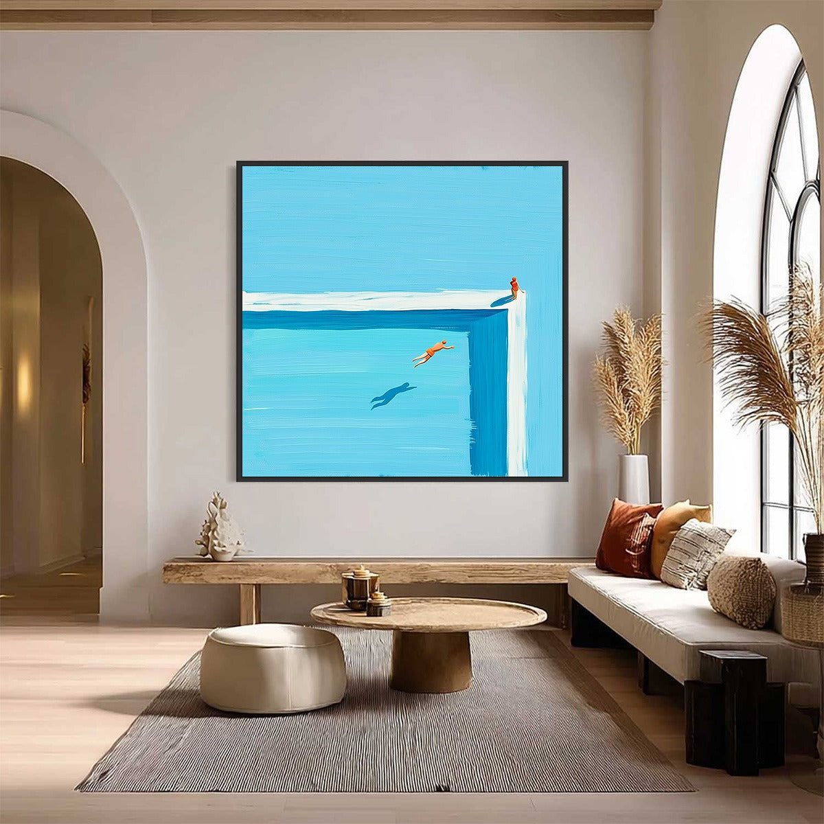 Original abstract acrylic wall art: 'The Leap' diver mid-air over blue pool.