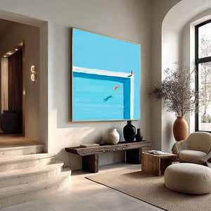 Minimalist original acrylic painting "The Leap" of a diver entering a bright blue pool, modern wall art.