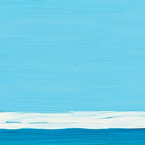 Original abstract acrylic wall art: 'The Leap' minimalist pool dive. Blue sky, white splash, blue water texture.
