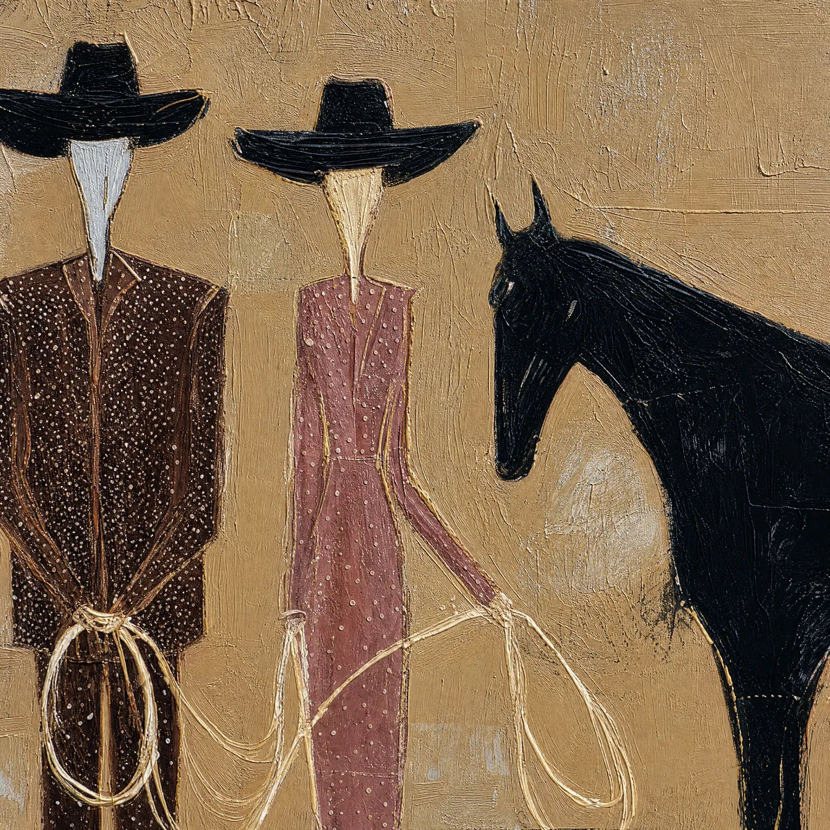 Modern abstract western figurative oil painting with two hat-wearing figures and black horse on beige background