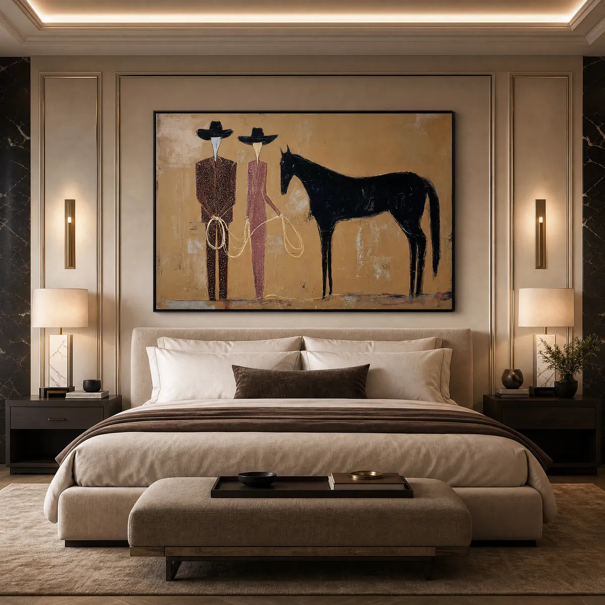 Modern abstract oil painting of two figures and a black horse above a bed