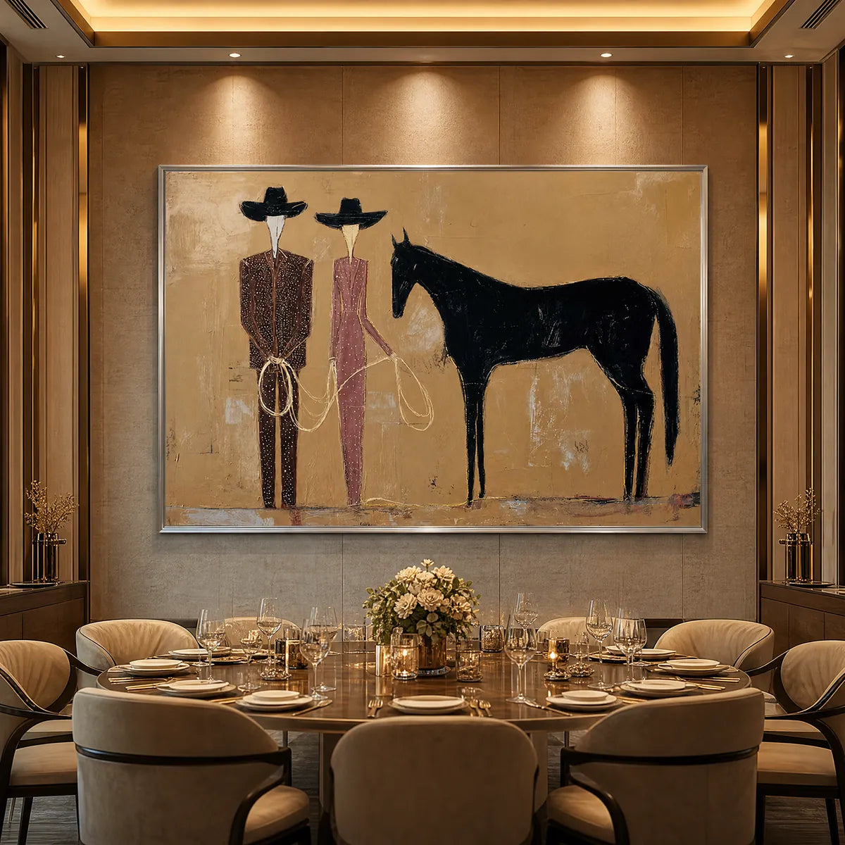 The Pact modern abstract oil painting of two cowboys and a black horse in earthy tones