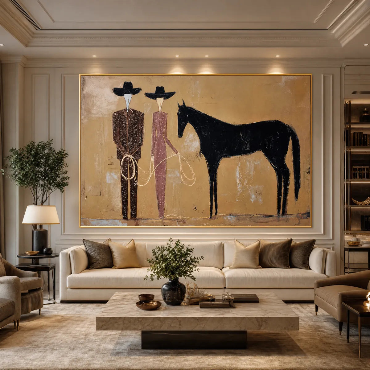 The Pact modern abstract figurative oil painting of two figures and a black horse