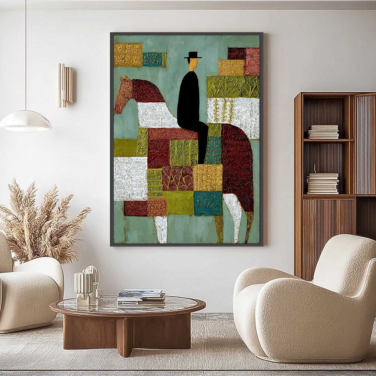 THE PATCHWORK RIDER: Textured Figurative Painting of a Man on a Horse